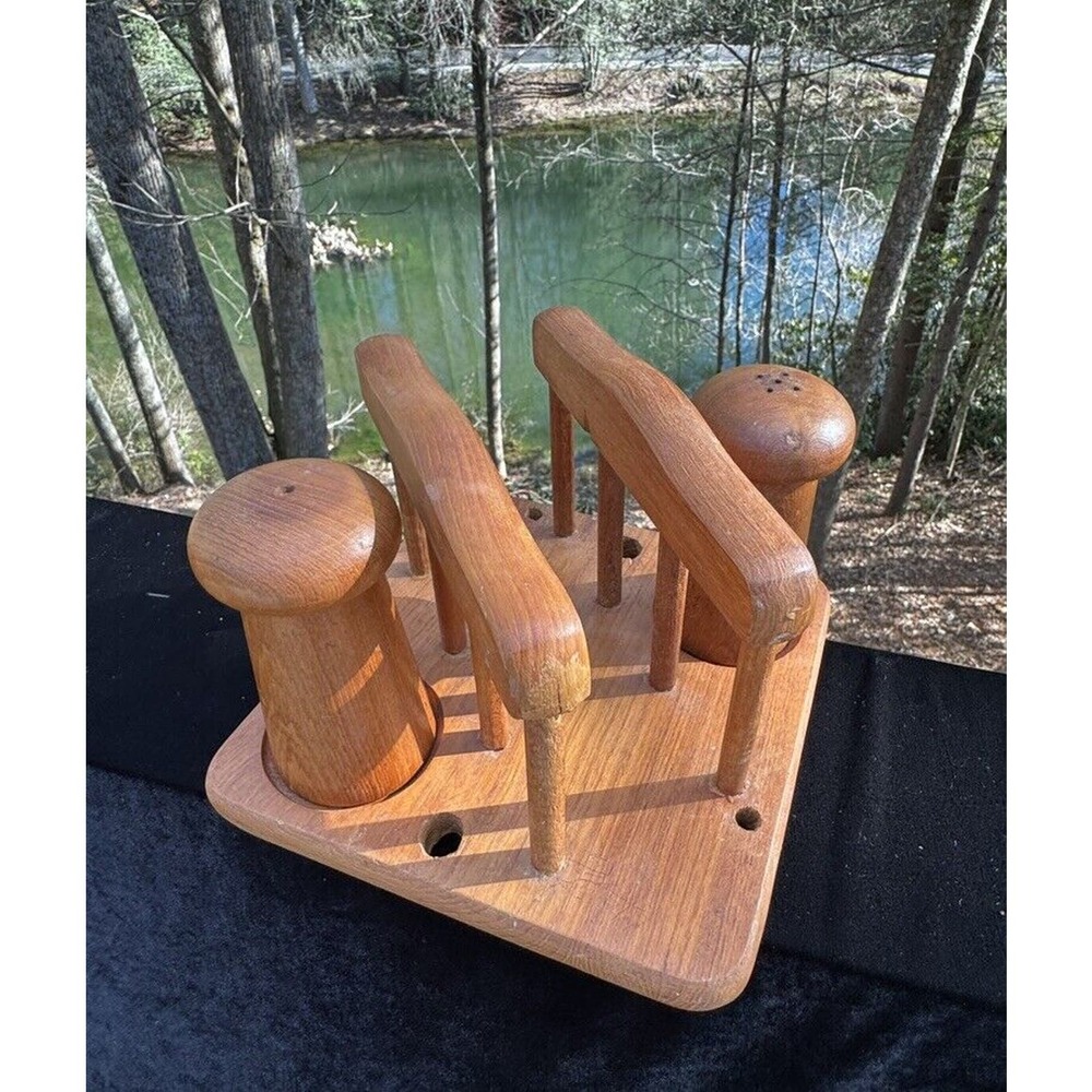 Vtg 1970 Dolphin Teakwood Wood Napkin Holder with Salt & Pepper Shakers -A20